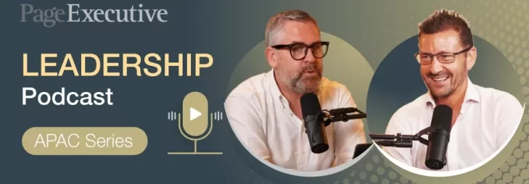 PageExecutive Leadership Podcast APAC Series promotional banner with two speakers using microphones.